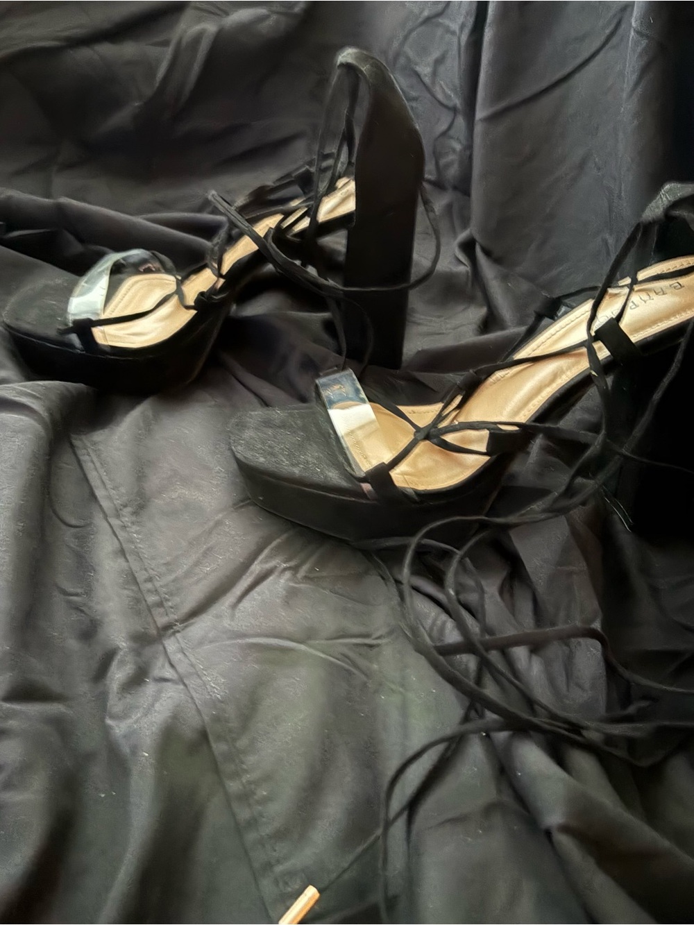 BAMBOO Black Strappy Platform Block Heels
